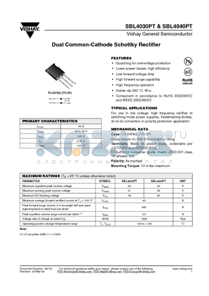 SBL4030PT datasheet - Dual Common-Cathode Schottky Rectifier