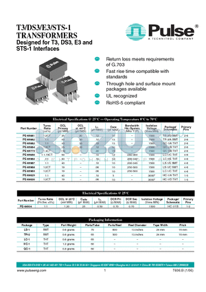 PE-68630 datasheet - T3/DS3/E3/STS-1 TRANSFORMERS Designed for T3, DS3, E3 and STS-1 Interfaces