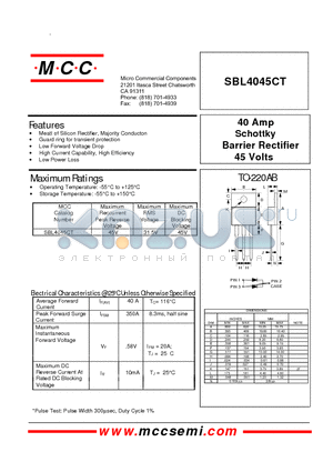 SBL4045CT datasheet - 40 Amp Schottky Barrier Rectifier 45 Volts
