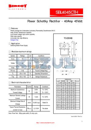 SBL4045CTH datasheet - Power Schottky Rectifier - 40Amp 45Volt