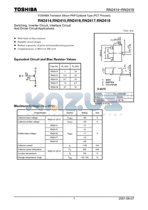 RN2415 datasheet - Switching, Inverter Circuit, Interface Circuit And Driver Circuit Applications