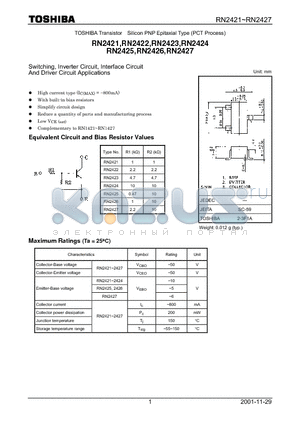 RN2422 datasheet - PNP EPITAXIAL TYPE (SWITCHING, INVERTER CIRCUIT, INTERFACE CIRCUIT AND DRIVER CIRCUIT APPLICATIONS)