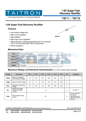 TSF16 datasheet - 1.0A Super Fast Recovery Rectifier
