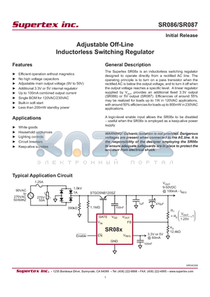 SR087 datasheet - Adjustable Off-Line Inductorless Switching Regulator