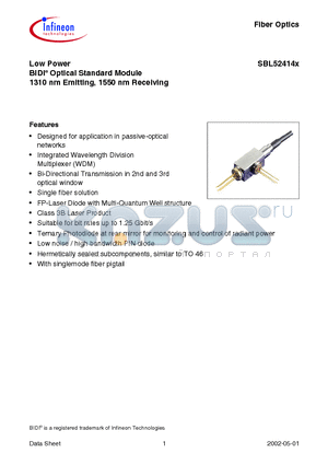 SBL51414G datasheet - Low Power BIDI Optical Standard Module 1310 nm Emitting, 1550 nm Receiving