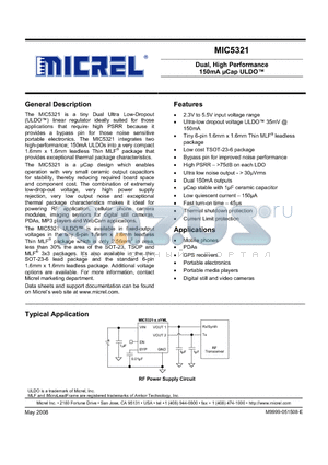 MIC5321-1.8/1.5YMT datasheet - Dual, High Performance 150mA lCap ULDO