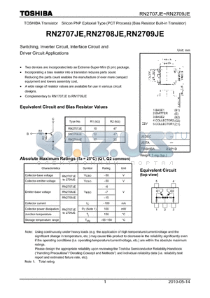 RN2709JE datasheet - Switching, Inverter Circuit, Interface Circuit and Driver Circuit Applications
