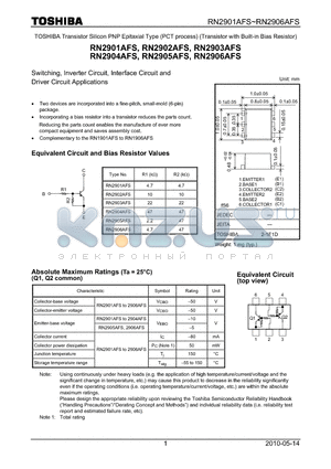 RN2903AFS datasheet - Switching, Inverter Circuit, Interface Circuit and Driver Circuit Applications