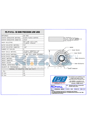 PE-P141LL datasheet - PRECISION LOW LOSS,141 EQUIVALENT, 50 OHM FLEXIBLE CABLE