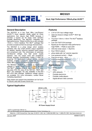 MIC5321-2.85/2.85YD6 datasheet - Dual, High Performance 150mA UCap ULDO