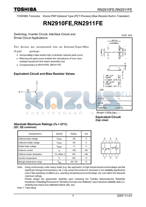 RN2911FE datasheet - Switching, Inverter Circuit, Interface Circuit and Driver Circuit Applications
