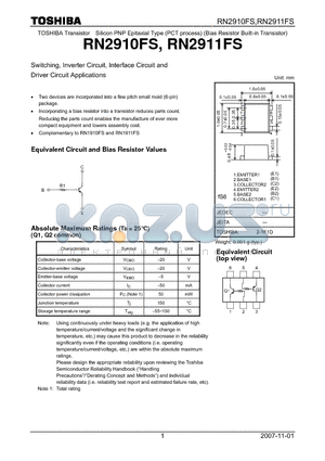 RN2911FS datasheet - Switching, Inverter Circuit, Interface Circuit and Driver Circuit Applications