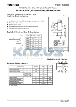 RN2963 datasheet - Switching, Inverter Circuit, Interface Circuit And Driver Circuit Applications