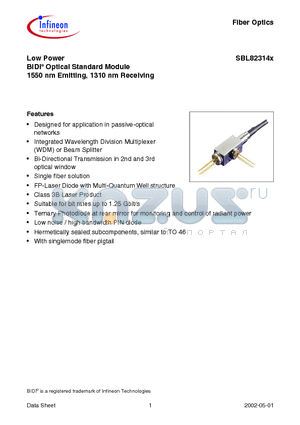 SBL81314Z datasheet - Low Power BIDI Optical Standard Module 1550 nm Emitting, 1310 nm Receiving