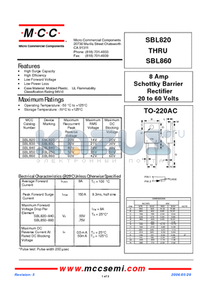 SBL840 datasheet - 8 Amp Schottky Barrier Rectifier 20 to 60 Volts