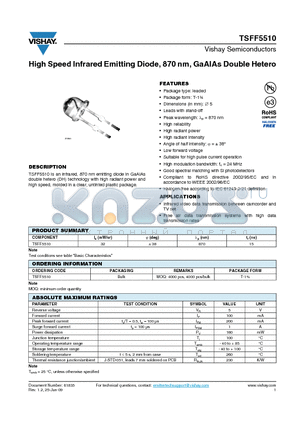 TSFF5510 datasheet - High Speed Infrared Emitting Diode, 870 nm, GaAlAs Double Hetero