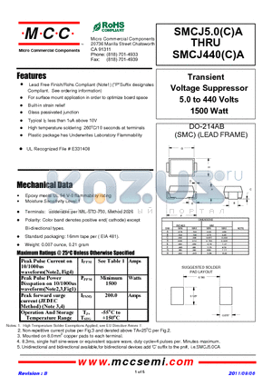 SMCJ5.0A datasheet - Transient Voltage Suppressor 5.0 to 440 Volts 1500 Watt