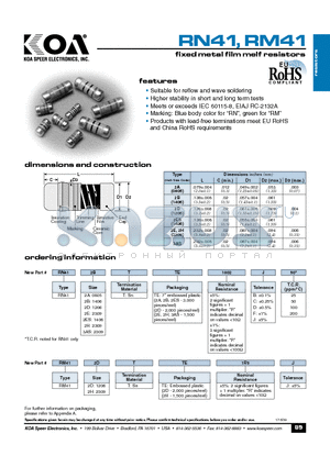 RN412ATTE1002B25 datasheet - fixed metal film melf resistors