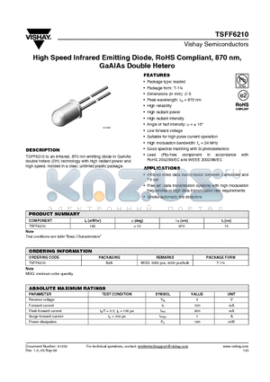 TSFF6210 datasheet - High Speed Infrared Emitting Diode, RoHS Compliant, 870 nm, GaAlAs Double Hetero