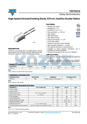 TSFF6410 datasheet - High Speed Infrared Emitting Diode, 870 nm, GaAlAs Double Hetero