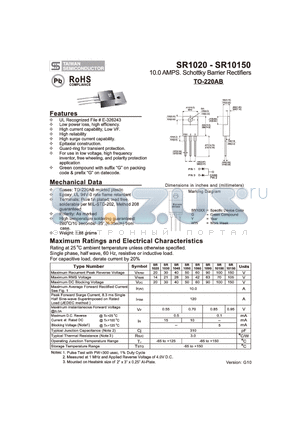 SR10100 datasheet - 10.0 AMPS. Schottky Barrier Rectifiers