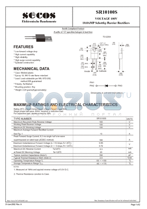 SR10100S datasheet - 10.0AMP Schottky Barrier Rectifiers