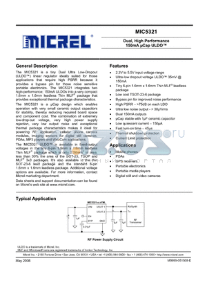 MIC5321-GWYD6 datasheet - Dual, High Performance 150mA lCap ULDO