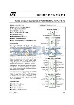 TSH110ILT datasheet - WIDE BAND, LOW NOISE OPERATIONAL AMPLIFIERS