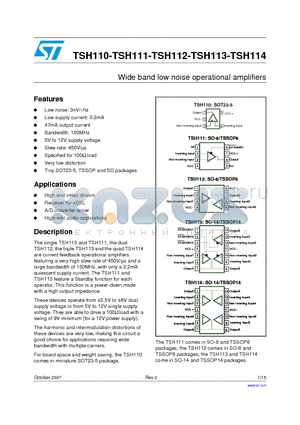 TSH111ID datasheet - Wide band low noise operational amplifiers