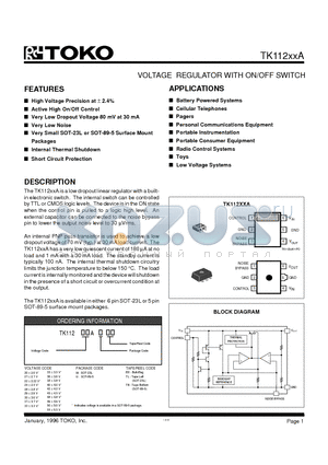 TK11235A datasheet - VOLTAGE REGULATOR WITH ON/OFF SWITCH