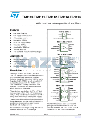 TSH112IDT datasheet - Wide band low noise operational amplifiers