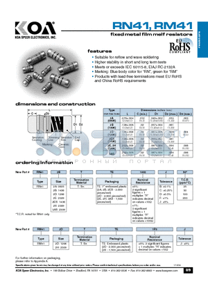 RN412BTTE1002D50 datasheet - fixed metal film melf resistors