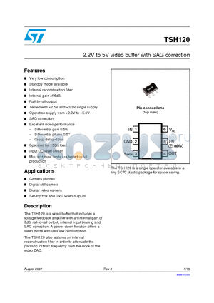 TSH120 datasheet - 2.2V to 5V video buffer with SAG correction