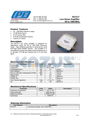 PE1517 datasheet - Low Noise Amplifier 50 to 1000 MHz