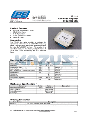 PE1518 datasheet - Low Noise Amplifier 50 to 2000 MHz