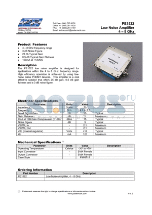 PE1522 datasheet - Low Noise Amplifier 4  8 GHz