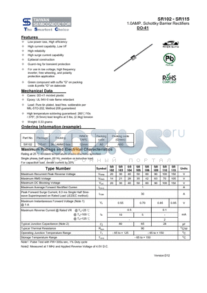 SR102 datasheet - 1.0AMP. Schottky Barrier Rectifiers High reliability