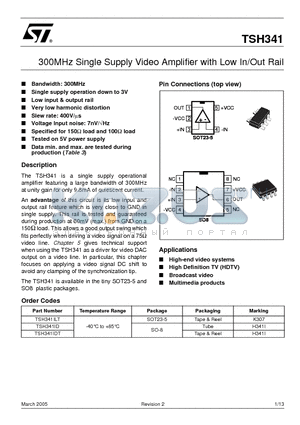 TSH341ILT datasheet - 300MHz Single Supply Video Amplifier with Low In,Out Rail