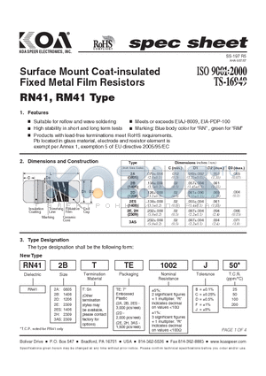 RN412ESTTE1002F200 datasheet - Surface Mount Coat-insulated Fixed Metal Film Resistors