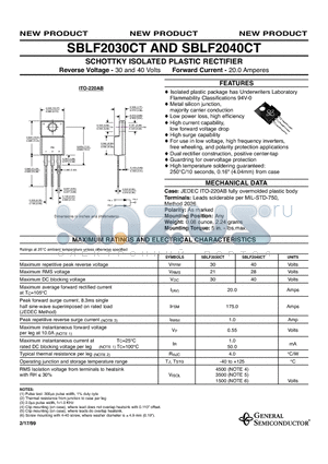 SBLF2040CT datasheet - SCHOTTKY ISOLATED PLASTIC RECTIFIER