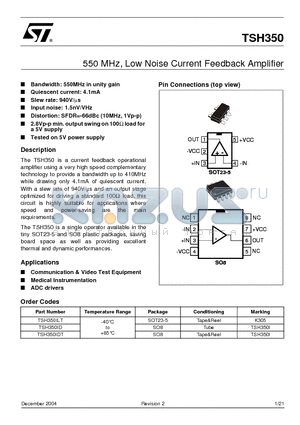 TSH350ID datasheet - 550 MHz, Low Noise Current Feedback Amplifier