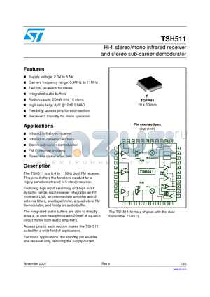 TSH511CFT datasheet - Hi-fi stereo/mono infrared receiver and stereo sub-carrier demodulator