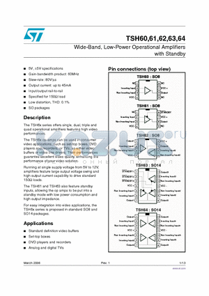 TSH60 datasheet - Wide-Band, Low-Power Operational Amplifiers with Standby