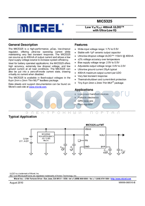 MIC5325-3.6YMT datasheet - Low VIN/VOUT 400mA ULDO with Ultra-Low IQ