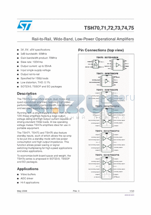 TSH72CDT datasheet - Rail-to-Rail, Wide-Band, Low-Power Operational Amplifiers