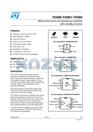 TSH80IYD datasheet - Wide band rail-to-rail operational amplifier with standby function