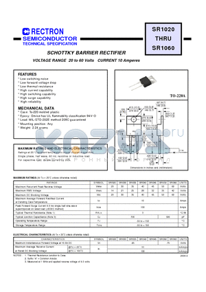 SR1045 datasheet - SCHOTTKY BARRIER RECTIFIER VOLTAGE RANGE 20 to 60 Volts CURRENT 10 Amperes