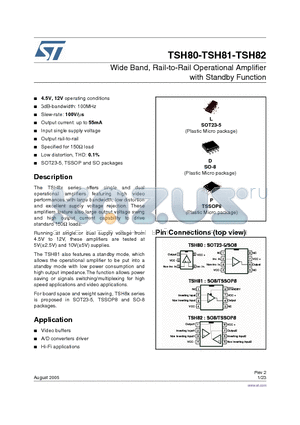 TSH80ID datasheet - Wide Band, Rail-to-Rail Operational Amplifier with Standby Function