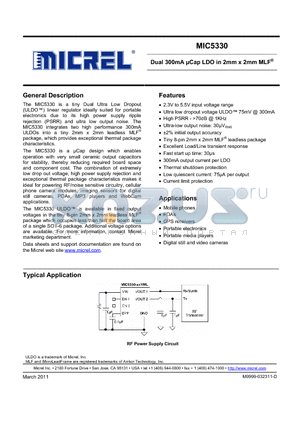 MIC5330-3.3/3.0YML datasheet - Dual 300mA lCap LDO in 2mm x 2mm MLF^