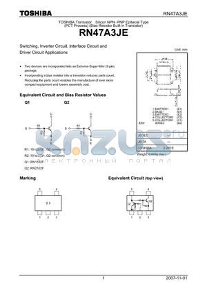 RN47A3JE datasheet - Switching, Inverter Circuit, Interface Circuit and Driver Circuit Applications